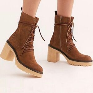 Free People Dylan Lace-up Boots Suede Platform Chunky Heel Size 38